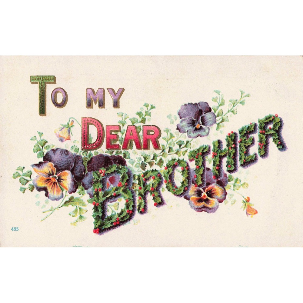 To My Dear Brother Antique Embossed Postcard Pansies Holly Floral Greeting c1910
